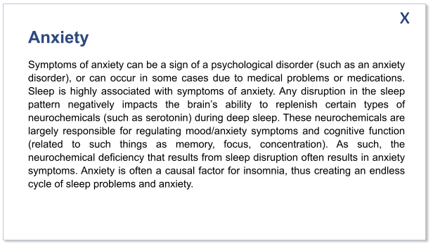 Anxiety Symptoms of anxiety can be a sign of a psychological disorder (such as an anxiety disorder), or can occur in some cases due to medical problems or medications. Sleep is highly associated with symptoms of anxiety. Any disruption in the sleep pattern negatively impacts the brain’s ability to replenish certain types of neurochemicals (such as serotonin) during deep sleep. These neurochemicals are largely responsible for regulating mood/anxiety symptoms and cognitive function (related to such things as memory, focus, concentration). As such, the neurochemical deficiency that results from sleep disruption often results in anxiety symptoms. Anxiety is often a causal factor for insomnia, thus creating an endless cycle of sleep problems and anxiety.   x
