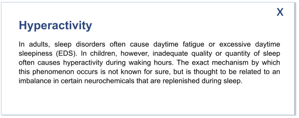 Hyperactivity In adults, sleep disorders often cause daytime fatigue or excessive daytime sleepiness (EDS). In children, however, inadequate quality or quantity of sleep often causes hyperactivity during waking hours. The exact mechanism by which this phenomenon occurs is not known for sure, but is thought to be related to an imbalance in certain neurochemicals that are replenished during sleep.   x