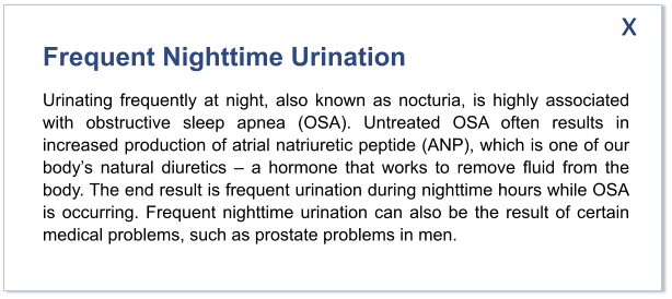 Frequent Nighttime Urination Urinating frequently at night, also known as nocturia, is highly associated with obstructive sleep apnea (OSA). Untreated OSA often results in increased production of atrial natriuretic peptide (ANP), which is one of our body’s natural diuretics – a hormone that works to remove fluid from the body. The end result is frequent urination during nighttime hours while OSA is occurring. Frequent nighttime urination can also be the result of certain medical problems, such as prostate problems in men.  x