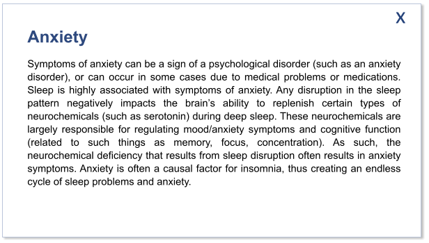Anxiety Symptoms of anxiety can be a sign of a psychological disorder (such as an anxiety disorder), or can occur in some cases due to medical problems or medications. Sleep is highly associated with symptoms of anxiety. Any disruption in the sleep pattern negatively impacts the brain’s ability to replenish certain types of neurochemicals (such as serotonin) during deep sleep. These neurochemicals are largely responsible for regulating mood/anxiety symptoms and cognitive function (related to such things as memory, focus, concentration). As such, the neurochemical deficiency that results from sleep disruption often results in anxiety symptoms. Anxiety is often a causal factor for insomnia, thus creating an endless cycle of sleep problems and anxiety.   x